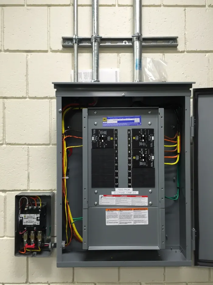 Electrical panel with conduit on a block wall